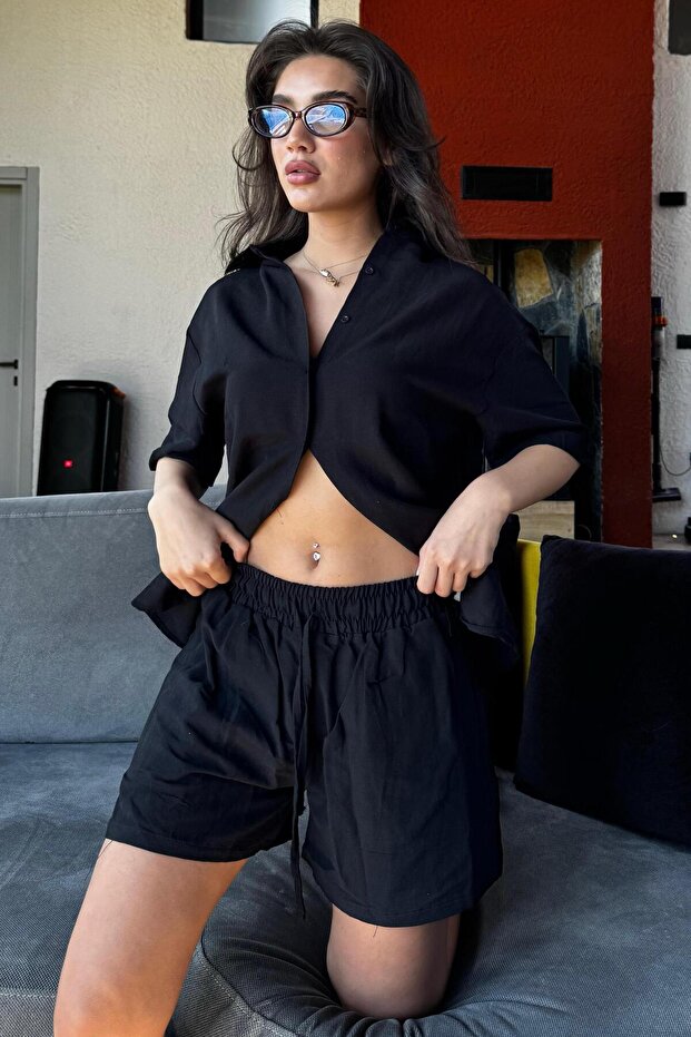 Siyah Basic Kadın Şort Gömlek Takım Mg2361 - 3