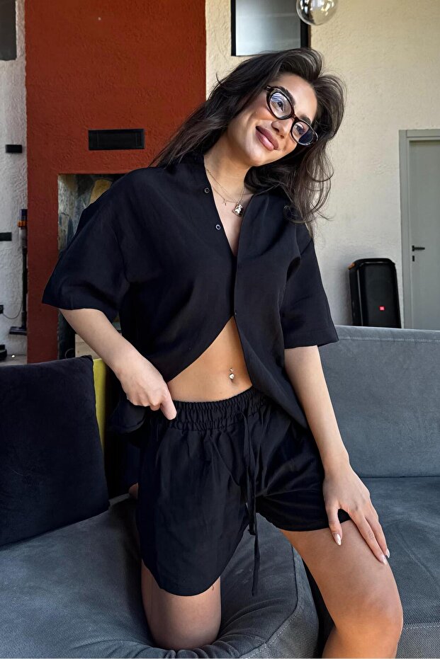 Siyah Basic Kadın Şort Gömlek Takım Mg2361 - 1