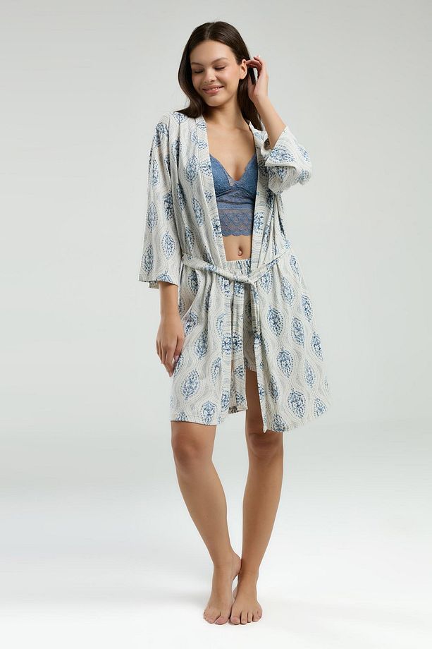 3'lü Ev Giyim, Sabahlık, Dantelli Bralet, Şort Set - 3