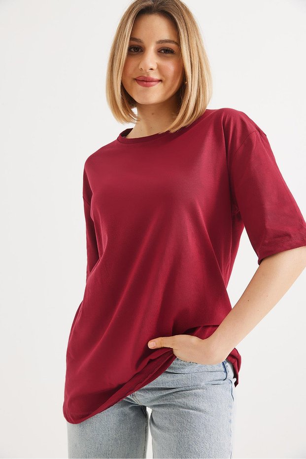 Oversize Crew Neck Basic Tshirt Claret Red