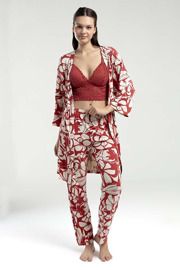 Women's 3-Piece Boxed Pajama Set, Dressing Gown, Bralet, Trousers