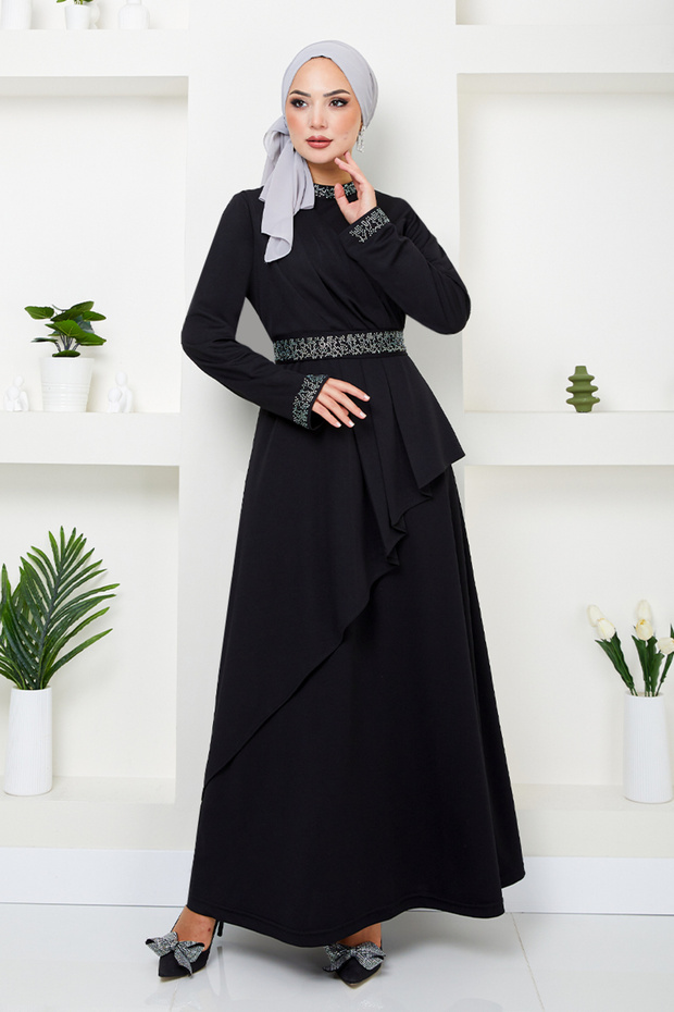 Belted Stone-Studded Hijab Dress 268Dvl897-M Black