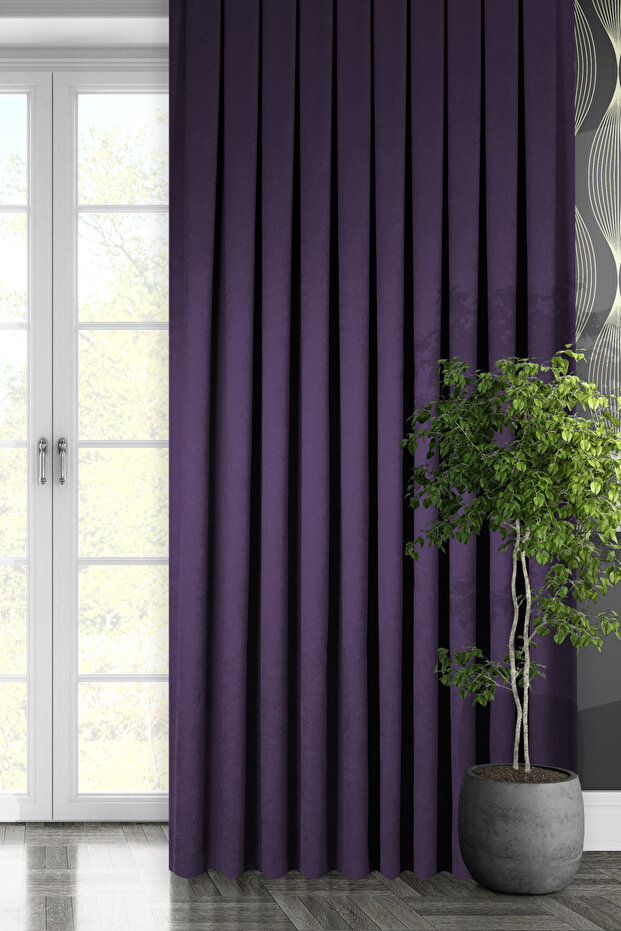 Velvet Textured Series Dark Purple Tight Pleat (1X3) Single Wing Background Curtain