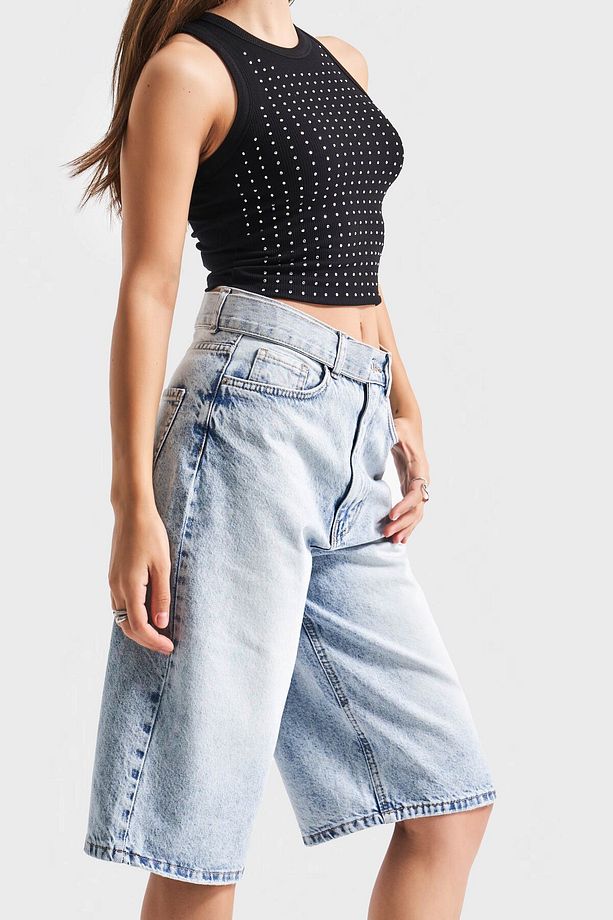 Kadın Snow Kot Rengi 4S5-3 Maxi Boy Kemer Detaylı %100 Koton Yüksek Bel Uzun Denim Şort Bermuda - 5