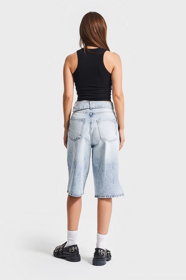 Kadın Snow Kot Rengi 4S5-3 Maxi Boy Kemer Detaylı %100 Koton Yüksek Bel Uzun Denim Şort Bermuda - 6
