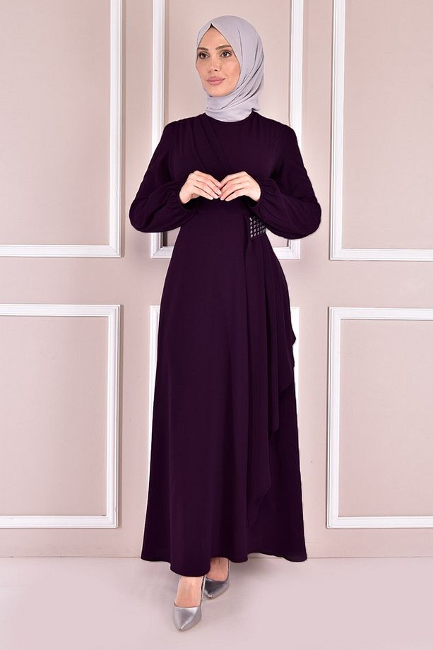 Taş Detay Elbise Mürdüm Asm2507 - 1