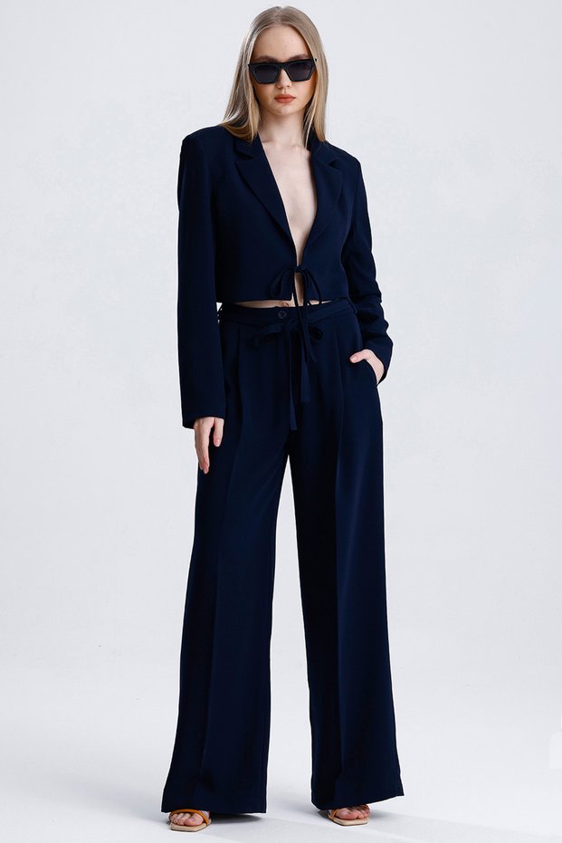 Women's Tied Crop Jacket and Belted Palazzo Trousers Two Piece Set