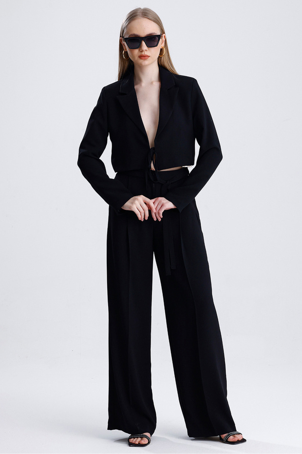 Women's Tied Crop Jacket and Belted Palazzo Trousers Two Piece Set