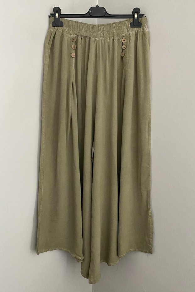 Women's Khaki Elastic Waist Button and Distressed Detailed Loose Wide Leg Pants Skirt