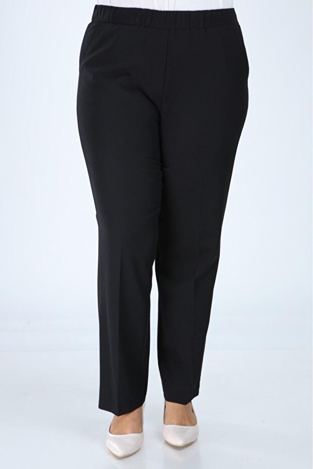 Women's Large Size Black, Waist Complete Rubber Pocket Fabric Pants 65N38733