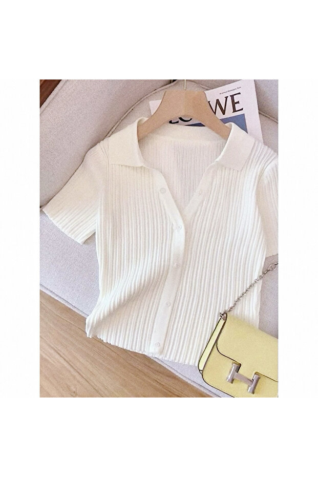 Women's Ecru Polo Neck Buttoned Self-Textured Basic Knitwear Women's T-Shirt