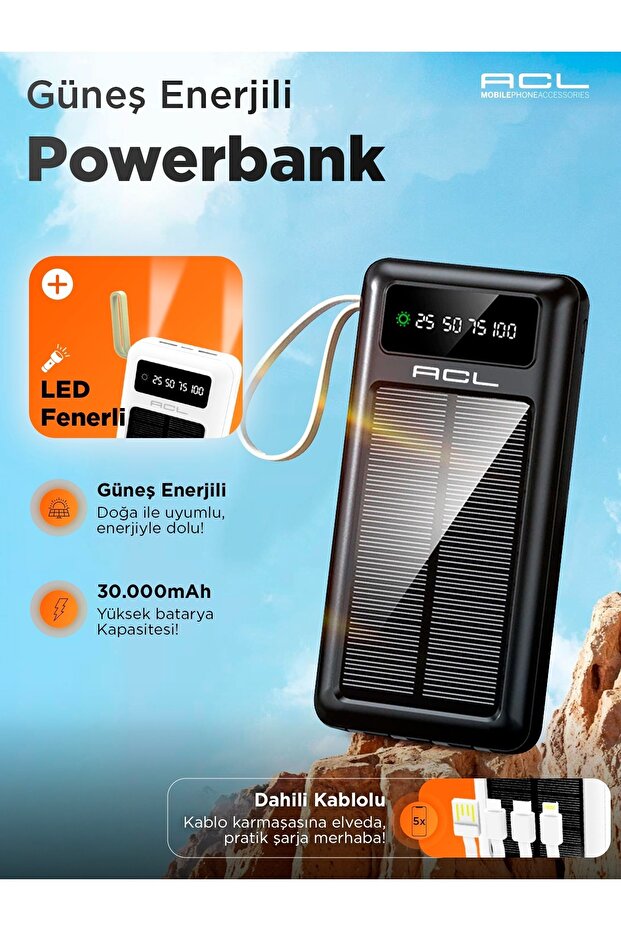 Pw-61 Led Işıklı Usb Mikro Type-c Lighning Kablolu 2xusb 30000mah Lcd Powerbank - 1