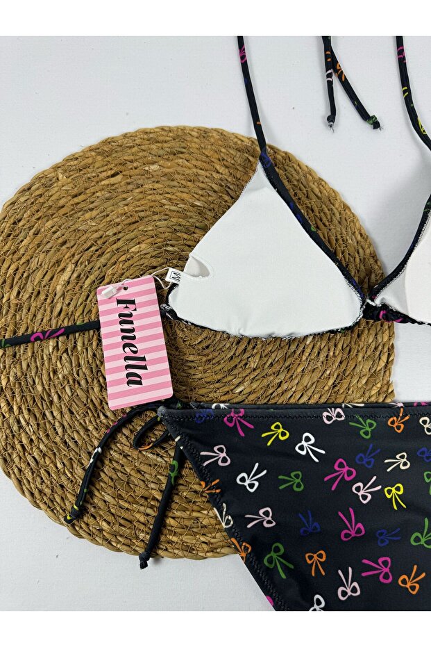 القوس الأسود الملون منقوشة الرسن الرقبة مجموعة بيكيني مثلث أنيق - 6