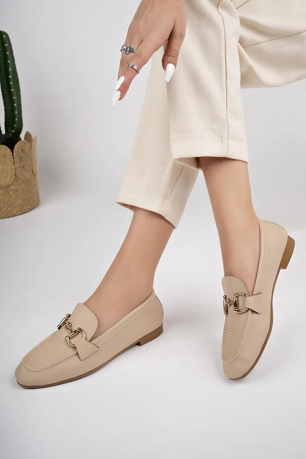 Women's Beige Leather Buckle Soft Textured Loafer Casual Shoes