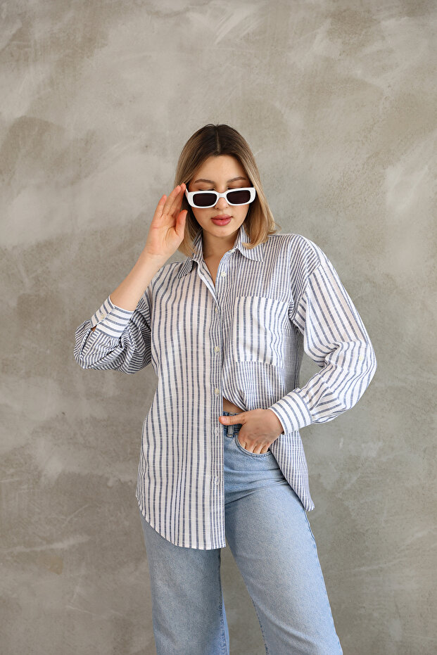Oversize Long Sleeve Navy Blue Striped Cotton Linen Women's Shirt