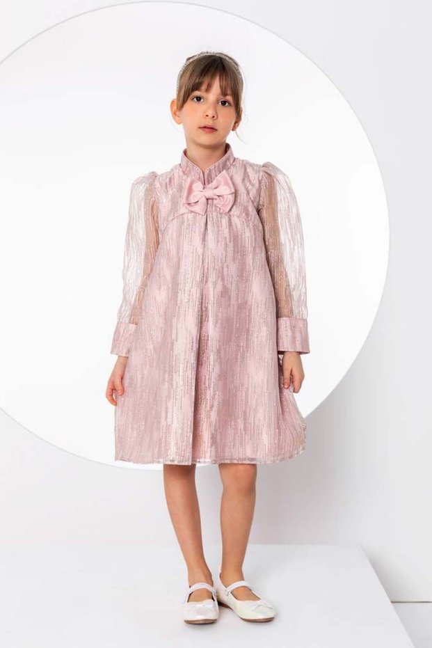 Girl's Bow Collar Detailed Sleeves Transparent Tulle Lined Chiffon Powder Dress