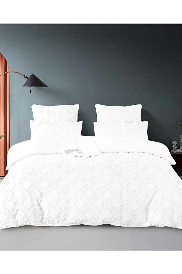 6PC WHITE SQUARED EMBROIDERED KING SIZE COMFORTER SET
