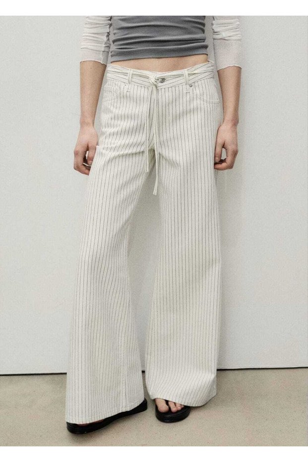 Belted Striped Wideleg Low Waist Jeans