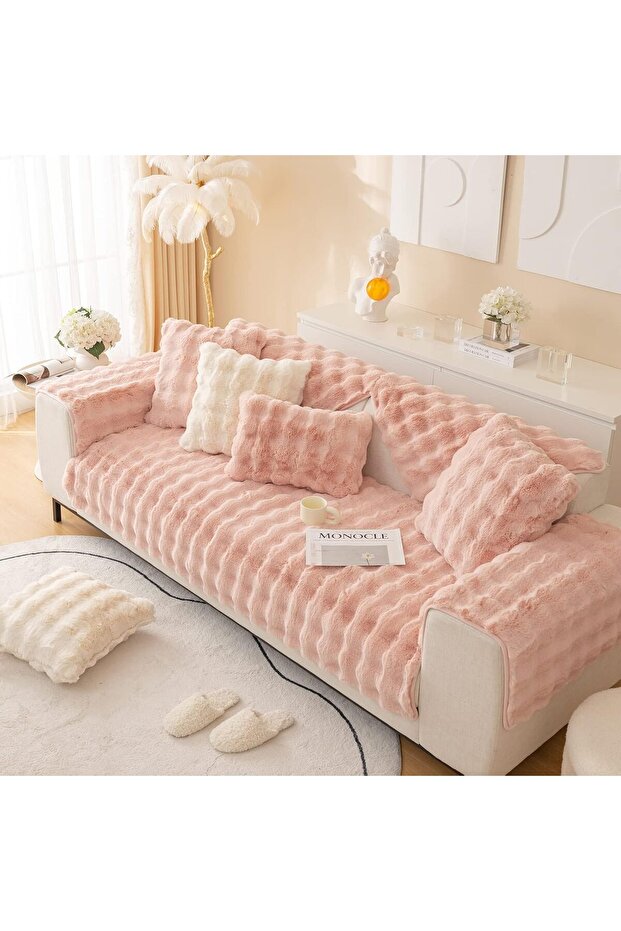 Soft And Comfortable Faux Fur Pink 3Pc 210x90Cm Sofa Cover/Topper