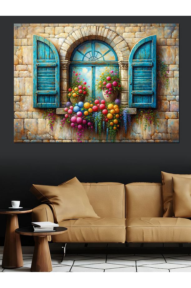 Retro Pencere Ve Çiçekler Dekoratif Kanvas - Mdf Ahşap Tablo - 5