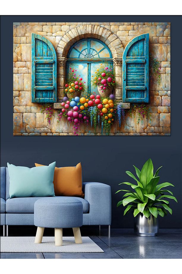 Retro Pencere Ve Çiçekler Dekoratif Kanvas - Mdf Ahşap Tablo - 1