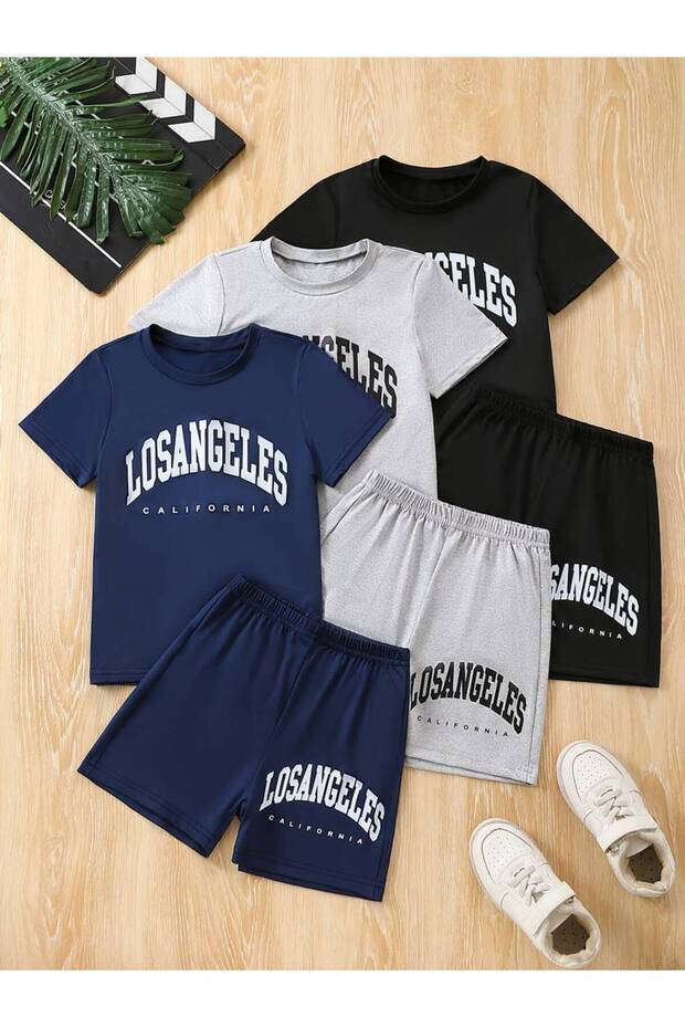 Los Angles Printed Cotton 3-Piece Children's Shorts T-Shirt Set - Navy Blue Black Gray Summer Crew Neck