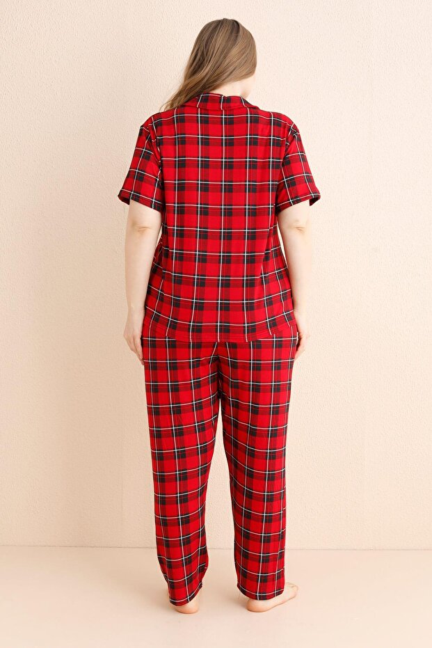 Red Scottish Charm Patterned Bamboo Front Buttoned Short Sleeve Large Size Oversize Pajama Set - 3