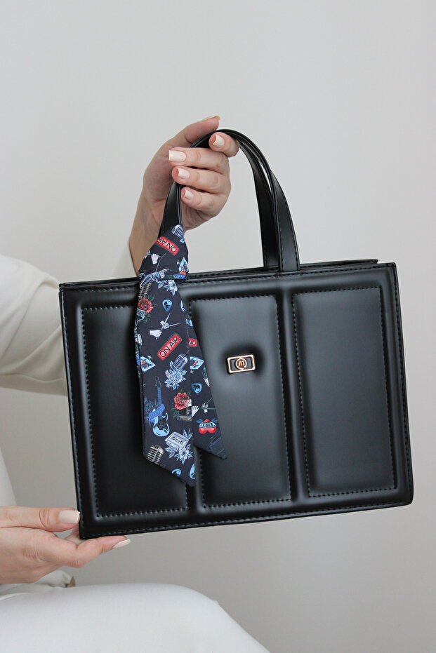 Women's Black Soft Leather - Medium Size - Hand and Shoulder Bag with Scarf and Embroidery Detail