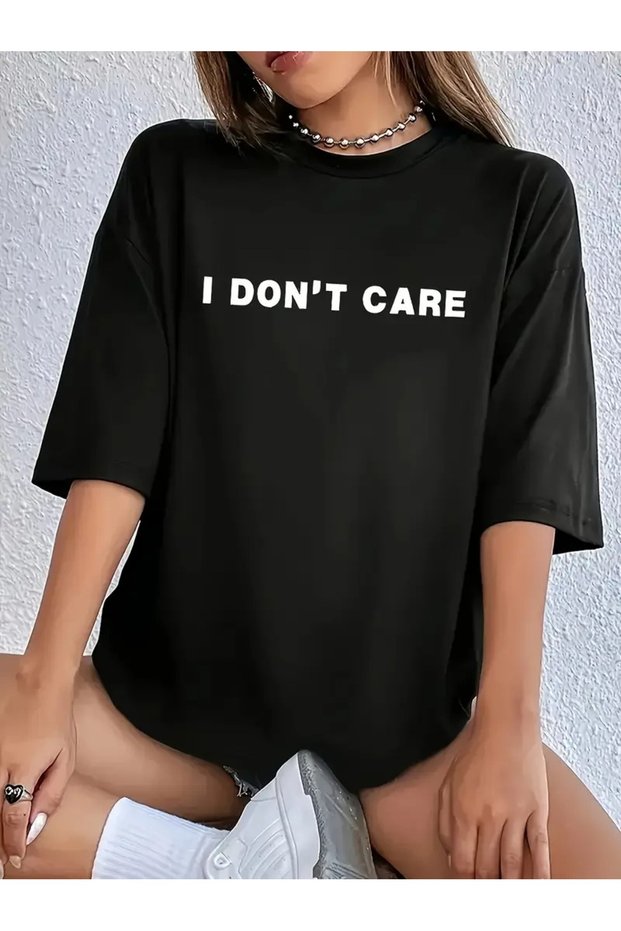 Women's Casual Round Neck T-Shirt, "I Don'T Care" Graphic Print, Polyester Knit Fabric