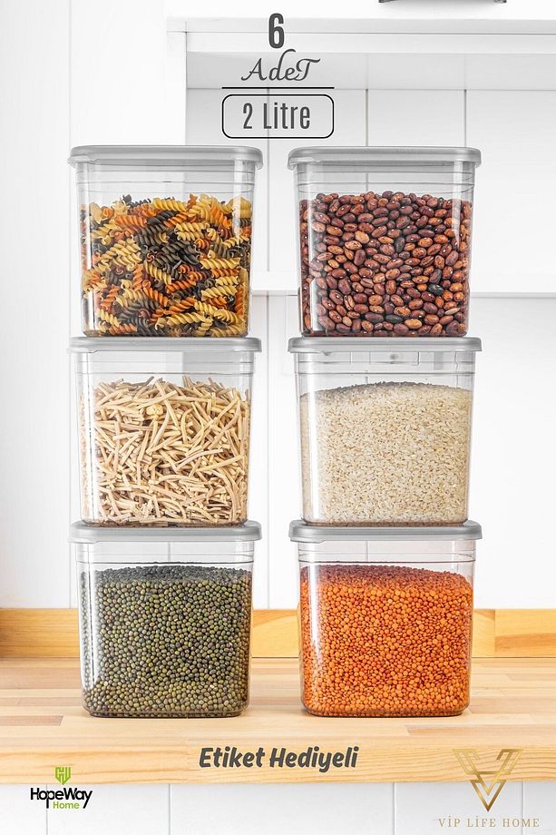 Practical 6'lı 2000 ML Dikdörtgen Erzak ve Bakliyat Saklama kabı seti (20 adet etiket Hediyeli) - 1