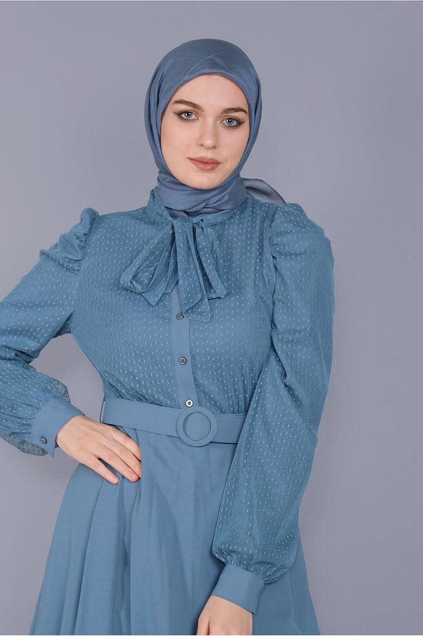 YAKASI BAĞCIKLI TÜLLÜ ELBİSE 41428 - 1