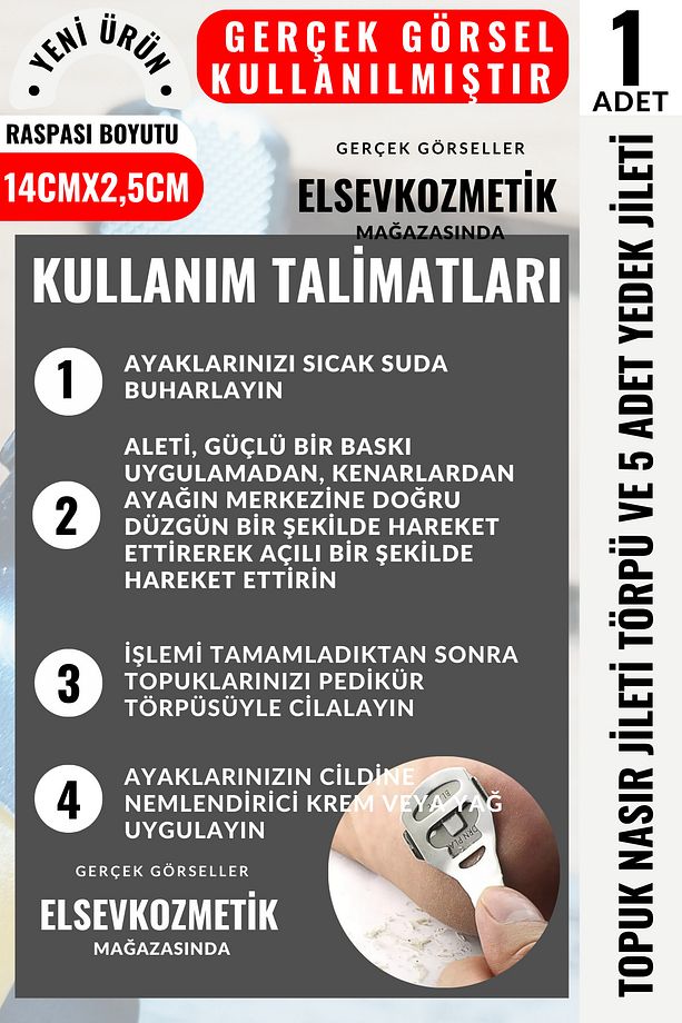 Topuk Nasır Jileti Törpü ve 5 Adet Yedek Jileti,Ayak Topuk Raspası, Pedikür,Topuk Törpüsü - 3