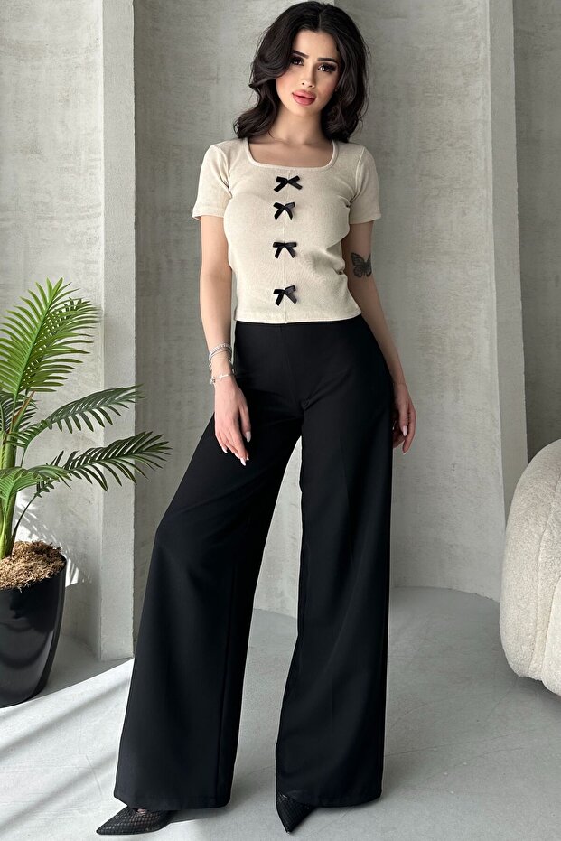 Kadın Krem Fiyonklu Fitilli Örme Bluz - 3