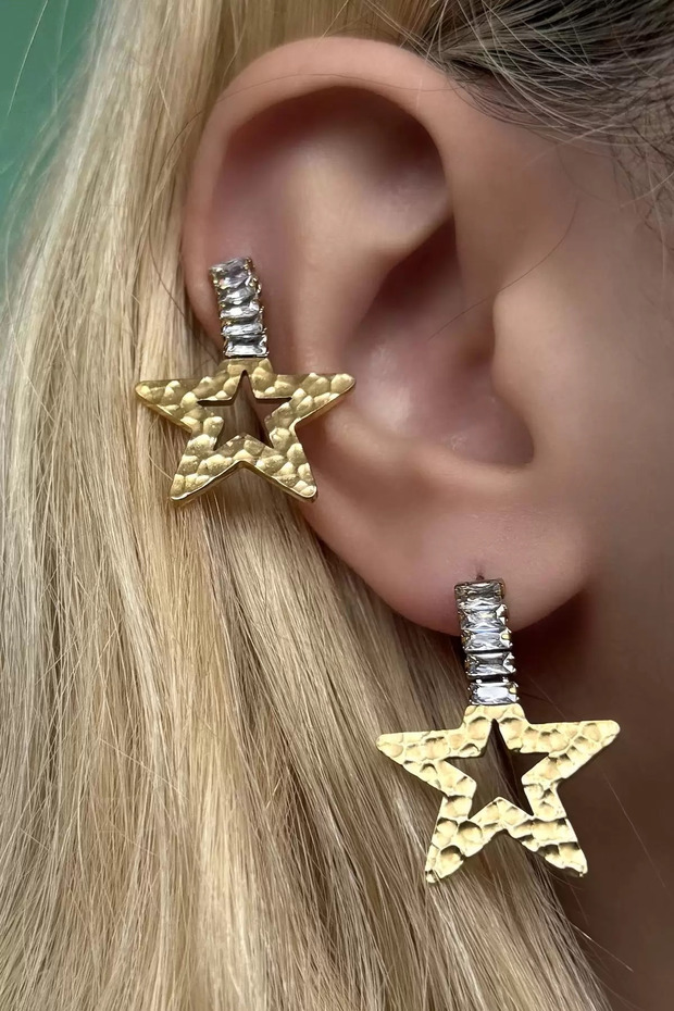 Two Color Star Figured Stone Detailed Steel Earrings (Pair)