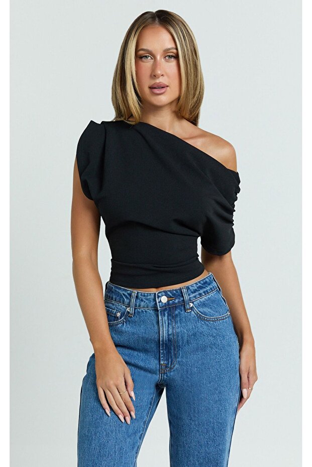 خارج الكتف بلوزة العنق غير المتكافئة - 1