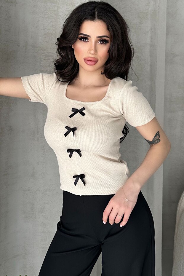 Kadın Krem Fiyonklu Fitilli Örme Bluz - 2