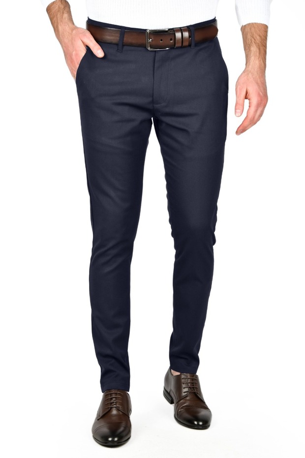 Men's Dark Navy Blue Self Patterned Slim Fit Lycra Linen Trousers 2502310