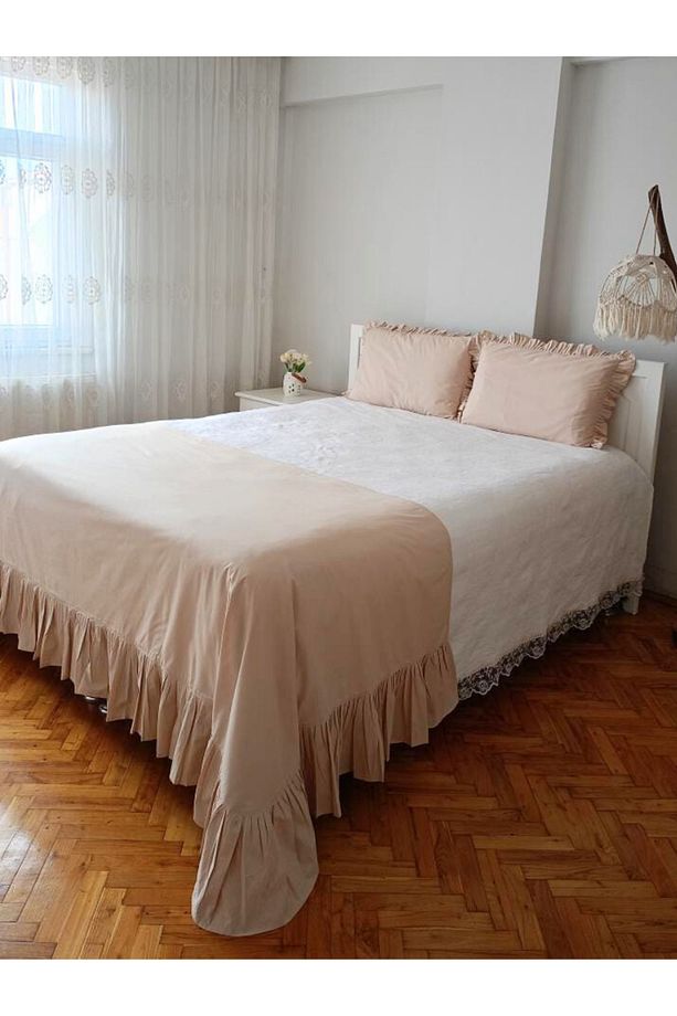 Yatak Runner & Çift Kişilik Fırfırlı Vizon & 2 adet Fırfırlı Yastık  50 x 70 - 1