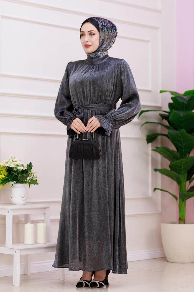 Glittery Alya Evening Dress with Flounce Sleeves-Anthracite