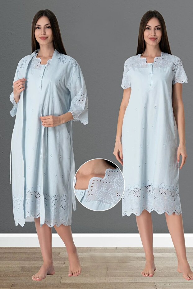 Maternity Nightgown Set with Scalloped Dressing Gown