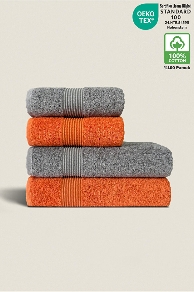 4-Piece Bath Towel Set 100% Cotton Certified Body and Head | Dowry Box 50X90 - 70X140 Orange - Gray