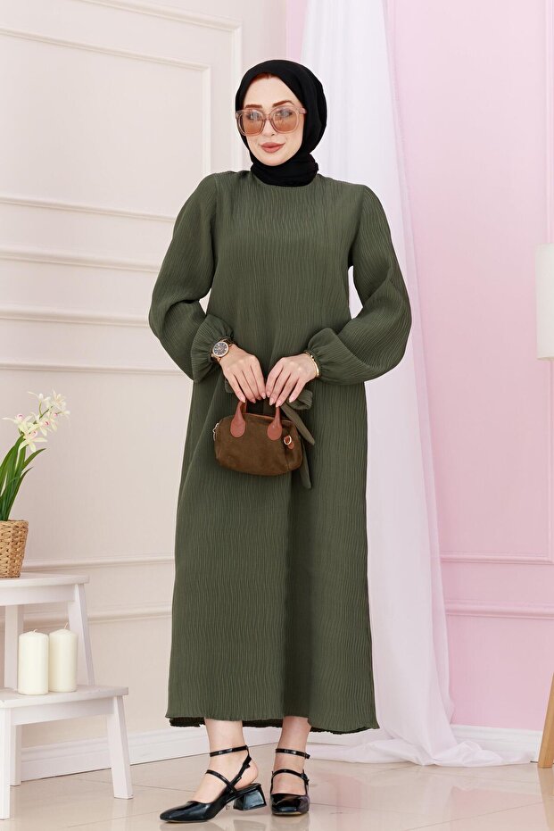 Luna Hijab Dress-Khaki Belted Waist