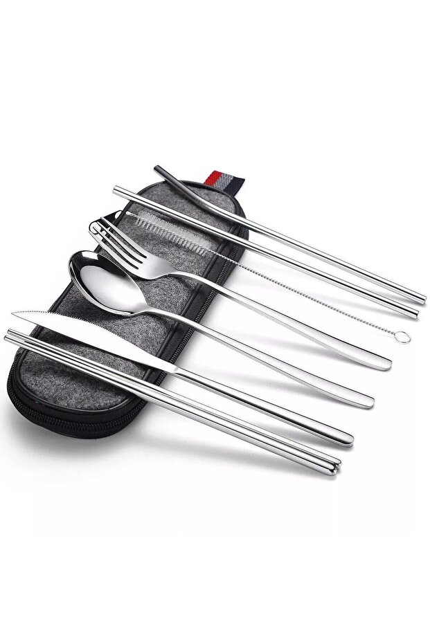 8 Piece Travel Cutlery Set with Bag Fork Knife Spoon Straw Chopstick Set Camping School Office Vacation Paslan