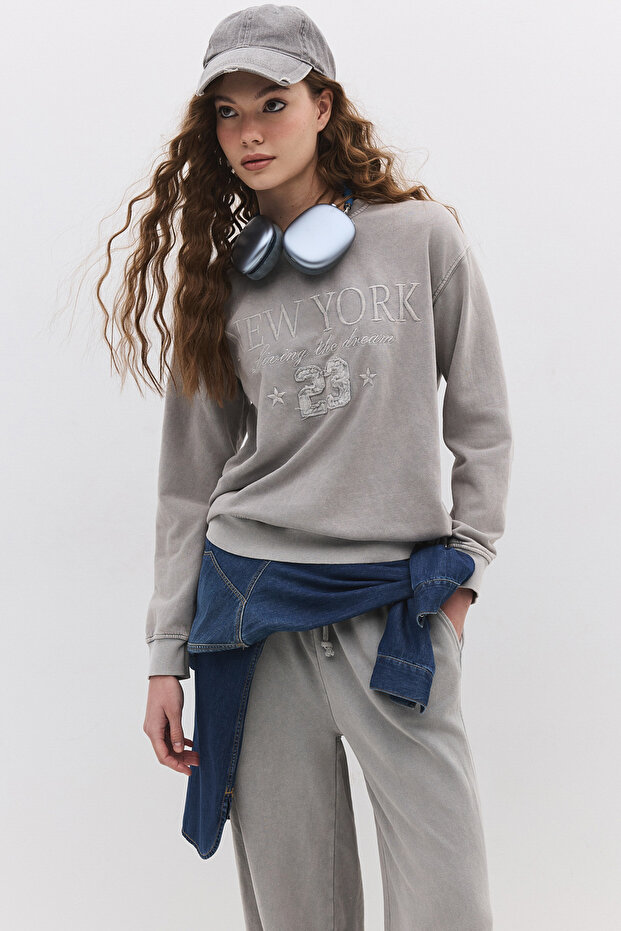 Faded Effect Slogan Sweatshirt