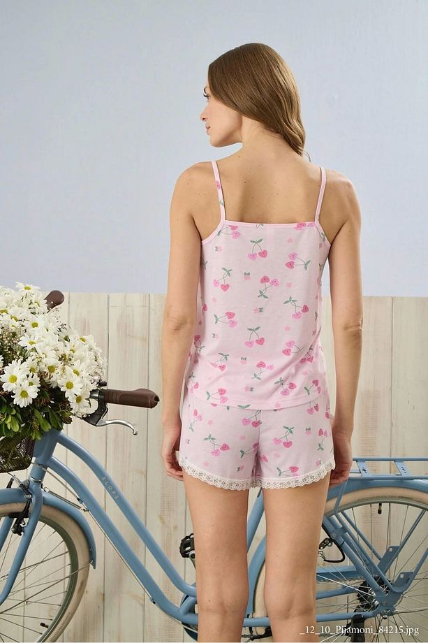 İp Askılı Şortlu Pembe Desenli Pijama Takımı - 2780 - 2