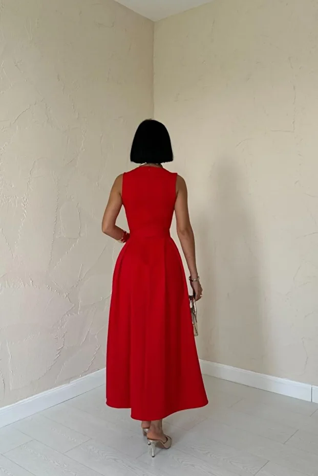 Kırmızı Halter Yaka Kloş Elbise - 4