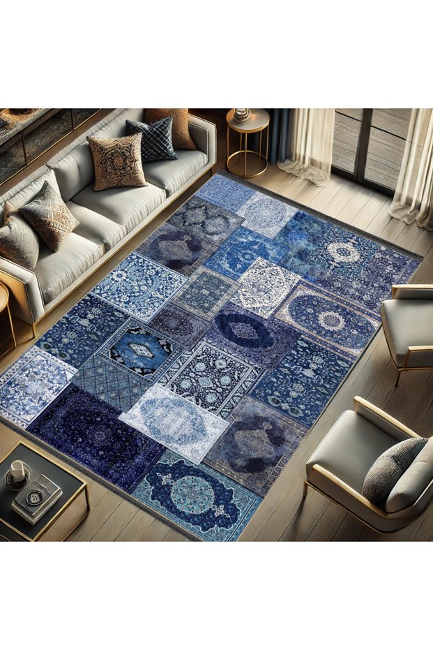 Quartz Collection Blue Themed Ethnic Vintage Patterned Woven Base Traditional Decorative Carpet 03