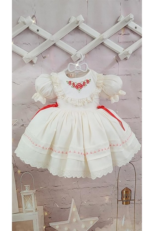 Cream Red Ribbon Vintage Baby Girl Dress, Birthday, Photo Shoot Dress, Suitable for 0-13 Years Old