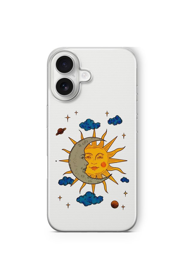 iPhone 16 Compatible Moon and Sun Design Printed Transparent Case
