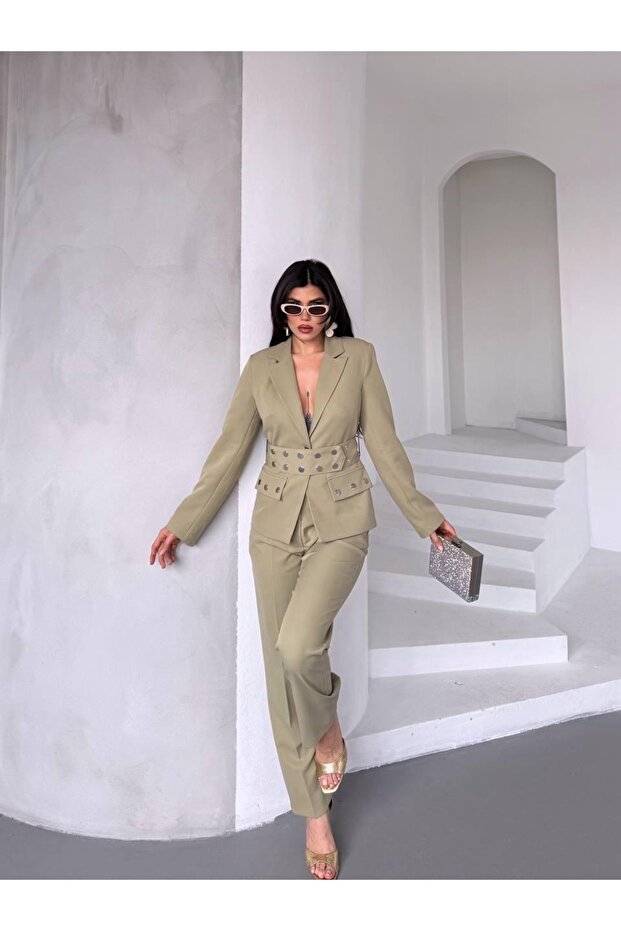 Gold Button Double Belt Two-Piece Blazer Set